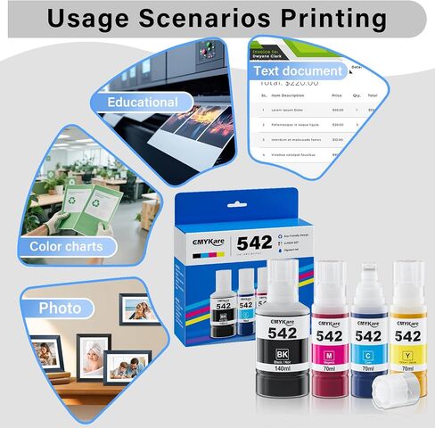 542 زجاجات إعادة ملء الحبر 4 حزمة متوافقة مع Epson Ecotank ET-5850 ET-5150 ET-5800 ET-5180 ET-16600 ET-5170 ET-5880 ET-16650 ST-C8000 ST-C8090 ، T542 Ink Enfling Brinter in Kuwait