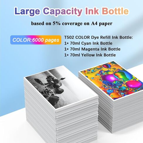 502 Refill Ink Bottle, Color Ink Replacement for T502 Work with ET-2850 ET-2760 ET-3850 ET-3710 ET-3750 ET-3760 ET-4850 ET-4750 Printer, Dye Ink(Cyan Magenta Yellow) in Saudi Arabia