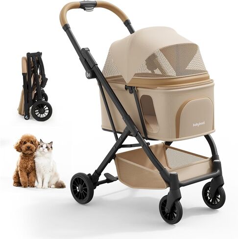 Lightweight Dog Stroller Portable Compact Folded Pet Stroller for Small/Medium Dogs & Cats Up to 35lbs One Click Folding Large Cat Carriage with Adjustable Canopy Storage Basket- Khaki in Kuwait