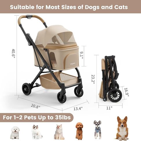 Lightweight Dog Stroller Portable Compact Folded Pet Stroller for Small/Medium Dogs & Cats Up to 35lbs One Click Folding Large Cat Carriage with Adjustable Canopy Storage Basket- Khaki in Kuwait