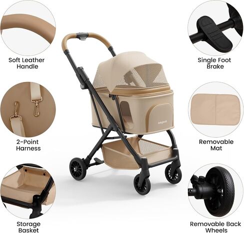 Lightweight Dog Stroller Portable Compact Folded Pet Stroller for Small/Medium Dogs & Cats Up to 35lbs One Click Folding Large Cat Carriage with Adjustable Canopy Storage Basket- Khaki in Kuwait