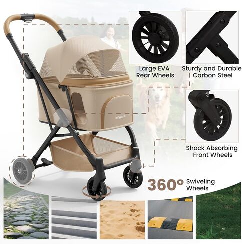 Lightweight Dog Stroller Portable Compact Folded Pet Stroller for Small/Medium Dogs & Cats Up to 35lbs One Click Folding Large Cat Carriage with Adjustable Canopy Storage Basket- Khaki in Kuwait