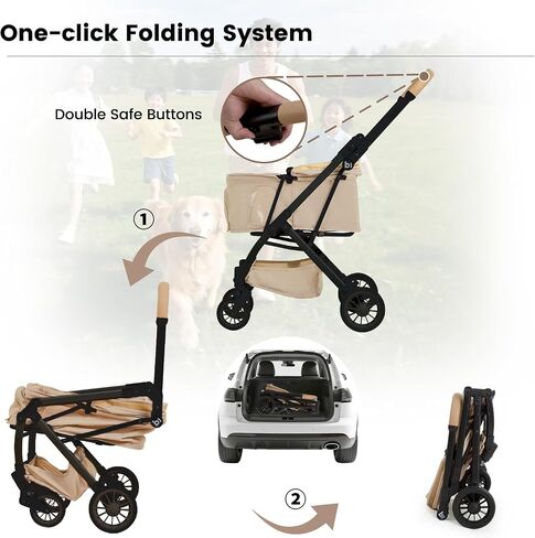 Lightweight Dog Stroller Portable Compact Folded Pet Stroller for Small/Medium Dogs & Cats Up to 35lbs One Click Folding Large Cat Carriage with Adjustable Canopy Storage Basket- Khaki in Kuwait