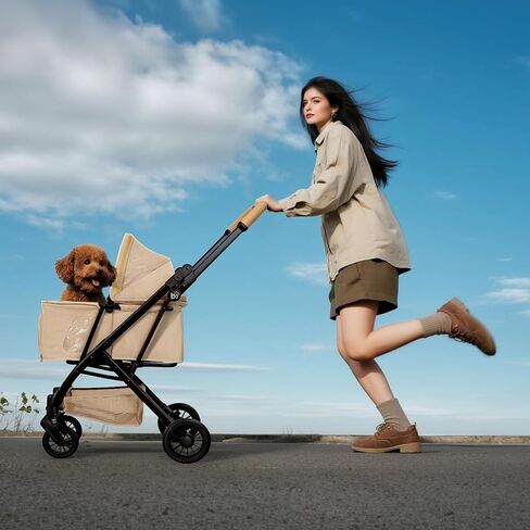Lightweight Dog Stroller Portable Compact Folded Pet Stroller for Small/Medium Dogs & Cats Up to 35lbs One Click Folding Large Cat Carriage with Adjustable Canopy Storage Basket- Khaki in Kuwait