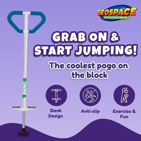 Geospace Jumparoo Boing! "Pro" Medium Pogo Stick for Kids-تدعم لعبة من 60 إلى 100 رطل-Outdoor للبنين والبنات-اللعب النشط لتحقيق التوازن والتنسيق والتمرين واللياقة البدنية وآمنة (أبيض أو أسود) in Kuwait