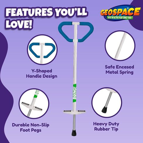 Geospace Jumparoo Boing! "Pro" Medium Pogo Stick for Kids-تدعم لعبة من 60 إلى 100 رطل-Outdoor للبنين والبنات-اللعب النشط لتحقيق التوازن والتنسيق والتمرين واللياقة البدنية وآمنة (أبيض أو أسود) in Kuwait