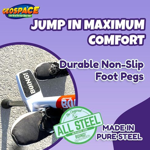 Geospace Jumparoo Boing! "Pro" Medium Pogo Stick for Kids-تدعم لعبة من 60 إلى 100 رطل-Outdoor للبنين والبنات-اللعب النشط لتحقيق التوازن والتنسيق والتمرين واللياقة البدنية وآمنة (أبيض أو أسود) in Kuwait
