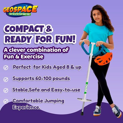 Geospace Jumparoo Boing! "Pro" Medium Pogo Stick for Kids-تدعم لعبة من 60 إلى 100 رطل-Outdoor للبنين والبنات-اللعب النشط لتحقيق التوازن والتنسيق والتمرين واللياقة البدنية وآمنة (أبيض أو أسود) in Kuwait