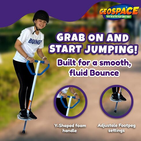 Geospace Jumparoo Boing! "Pro" Medium Pogo Stick for Kids-تدعم لعبة من 60 إلى 100 رطل-Outdoor للبنين والبنات-اللعب النشط لتحقيق التوازن والتنسيق والتمرين واللياقة البدنية وآمنة (أبيض أو أسود) in Kuwait