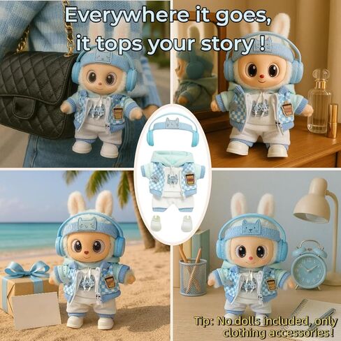 مجموعة Hoodie Blue التي تم تعيينها لثلاثي سم / 6.69 بوصة - ملابس أزياء الشوارع غير الرسمية مع سماعات الرأس ، سترة منقوشة ، سراويل وأحذية - (دمية غير مشمولة) in Saudi Arabia