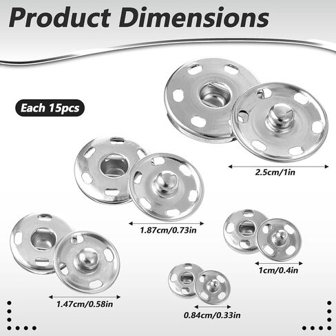 75 PCS Snaps Snaps Metal Snap Buttons اضغط على أزرار أزرار فضية للخياطة للخياطة جينز الجينز Cafts DIY (8/10/15/19/22 ملم) in Kuwait