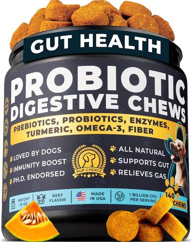 Probiotics for Dogs - PhD Endorsed Digestive Enzymes - Gut Health, Diarrhea & Bowel Support - Dog Treats with Turmeric, Omega-3 & Fiber - Immune Soft 140 Chews - Beef Flavor - Made in USA in Saudi Arabia