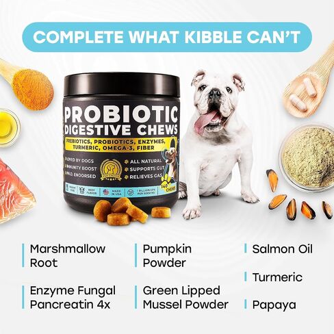 Probiotics for Dogs - PhD Endorsed Digestive Enzymes - Gut Health, Diarrhea & Bowel Support - Dog Treats with Turmeric, Omega-3 & Fiber - Immune Soft 140 Chews - Beef Flavor - Made in USA in Saudi Arabia