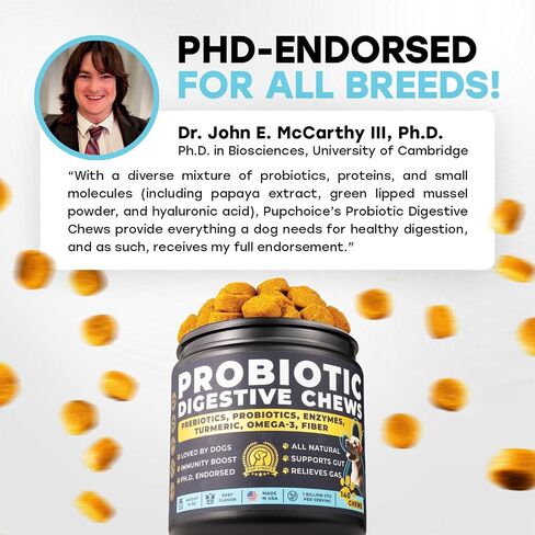 Probiotics for Dogs - PhD Endorsed Digestive Enzymes - Gut Health, Diarrhea & Bowel Support - Dog Treats with Turmeric, Omega-3 & Fiber - Immune Soft 140 Chews - Beef Flavor - Made in USA in Saudi Arabia