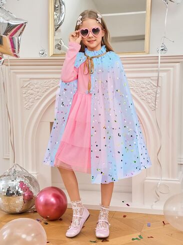 Haloumoning Princess Girls Rainbow Cape Cloak Kids Cute Sparkling Tulle Cape Birthday Party Cosplay Cosplay in Saudi Arabia