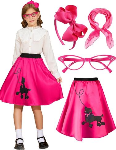 Poodle Skirts for Girls 50s Costume Sock Hop Outfit Kids Accessory Halloween Costume with Headband, Glasses, Scarf in Saudi Arabia