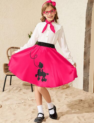Poodle Skirts for Girls 50s Costume Sock Hop Outfit Kids Accessory Halloween Costume with Headband, Glasses, Scarf in Saudi Arabia