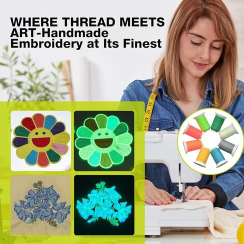 Embroidery Thread Glow in The Darkness - 8 Colors Polyester 300M/328Yds Each Spool 30D/3 Sewing Thread Kit, Ideal for Machine & Hand Embroidery, Quilting, DIY Crafts & Creative Item in Saudi Arabia