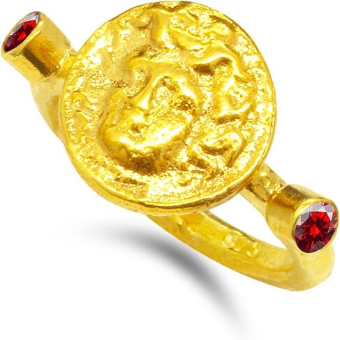 Caprixus 925 Sterling Silver Signet Ring Medusa Coin 24K Gold Vermeil Designer Rings Handmade for Women Hammered Diamond Cut Red Zirconia Zirconia Murkish Gine Jewelry in Kuwait