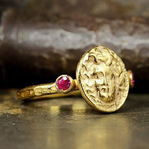 Caprixus 925 Sterling Silver Signet Ring Medusa Coin 24K Gold Vermeil Designer Rings Handmade for Women Hammered Diamond Cut Red Zirconia Zirconia Murkish Gine Jewelry in Kuwait