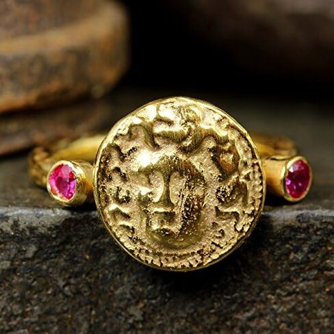 Caprixus 925 Sterling Silver Signet Ring Medusa Coin 24K Gold Vermeil Designer Rings Handmade for Women Hammered Diamond Cut Red Zirconia Zirconia Murkish Gine Jewelry in Kuwait
