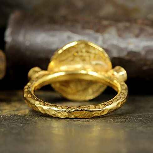 Caprixus 925 Sterling Silver Signet Ring Medusa Coin 24K Gold Vermeil Designer Rings Handmade for Women Hammered Diamond Cut Red Zirconia Zirconia Murkish Gine Jewelry in Kuwait