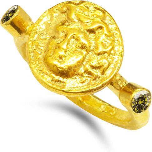 Caprixus 925 Sterling Silver Signet Ring Medusa Coin 24K Gold Vermeil Designer Rings Handmade for Women Hammered Diamond Cut Red Zirconia Zirconia Murkish Gine Jewelry in Kuwait