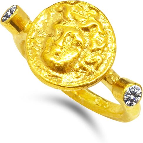 Caprixus 925 Sterling Silver Signet Ring Medusa Coin 24K Gold Vermeil Designer Rings Handmade for Women Hammered Diamond Cut Red Zirconia Zirconia Murkish Gine Jewelry in Kuwait