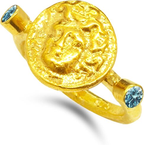 Caprixus 925 Sterling Silver Signet Ring Medusa Coin 24K Gold Vermeil Designer Rings Handmade for Women Hammered Diamond Cut Red Zirconia Zirconia Murkish Gine Jewelry in Kuwait