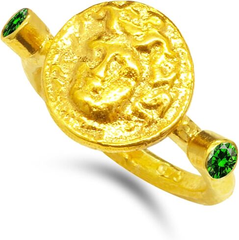 Caprixus 925 Sterling Silver Signet Ring Medusa Coin 24K Gold Vermeil Designer Rings Handmade for Women Hammered Diamond Cut Red Zirconia Zirconia Murkish Gine Jewelry in Kuwait