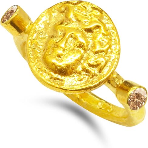 Caprixus 925 Sterling Silver Signet Ring Medusa Coin 24K Gold Vermeil Designer Rings Handmade for Women Hammered Diamond Cut Red Zirconia Zirconia Murkish Gine Jewelry in Kuwait