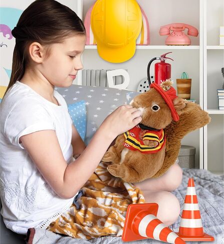 Dollibu Firefighter Dress مع ثقوب في خوذة مجموعة من Teddy Bear Plush Toy - قبعة رجال الإطفاء ومجموعة ملابس حيوانية محشوة ، مجموعة دب تيدي مع خوذة رجل الإطفاء وسترة وسروال - صغير. in Saudi Arabia