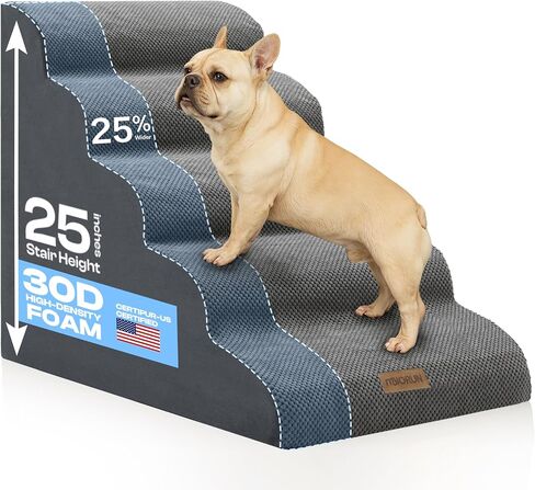 Extra Wide Dog Stairs for Large Dogs Up to 80lbs, 25" Pet Steps for High Bed with Washable Cover, 5-Step Foam Bed & Couch Ladder for Small Medium Dogs & Senior Cat, Gray in Kuwait