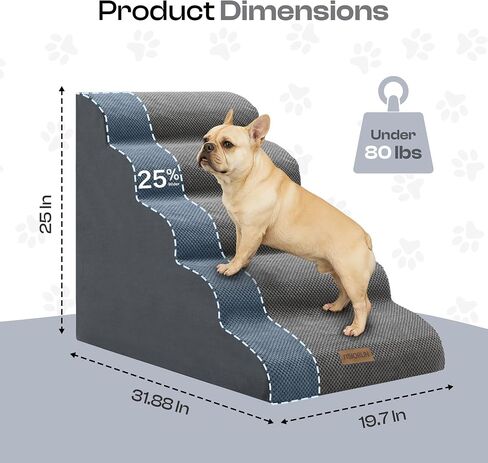 Extra Wide Dog Stairs for Large Dogs Up to 80lbs, 25" Pet Steps for High Bed with Washable Cover, 5-Step Foam Bed & Couch Ladder for Small Medium Dogs & Senior Cat, Gray in Kuwait