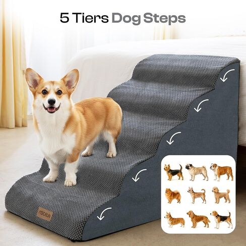 Extra Wide Dog Stairs for Large Dogs Up to 80lbs, 25" Pet Steps for High Bed with Washable Cover, 5-Step Foam Bed & Couch Ladder for Small Medium Dogs & Senior Cat, Gray in Kuwait