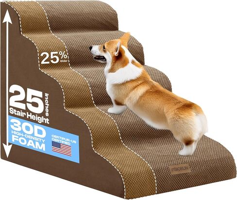 Extra Wide Dog Stairs for Large Dogs Up to 80lbs, 25" Pet Steps for High Bed with Washable Cover, 5-Step Foam Bed & Couch Ladder for Small Medium Dogs & Senior Cat, Gray in Kuwait