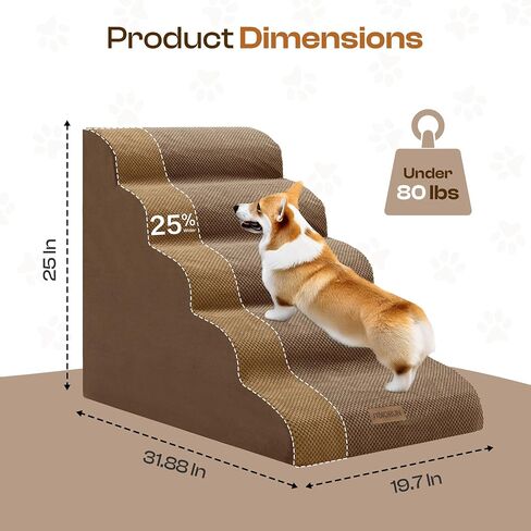 Extra Wide Dog Stairs for Large Dogs Up to 80lbs, 25" Pet Steps for High Bed with Washable Cover, 5-Step Foam Bed & Couch Ladder for Small Medium Dogs & Senior Cat, Gray in Kuwait
