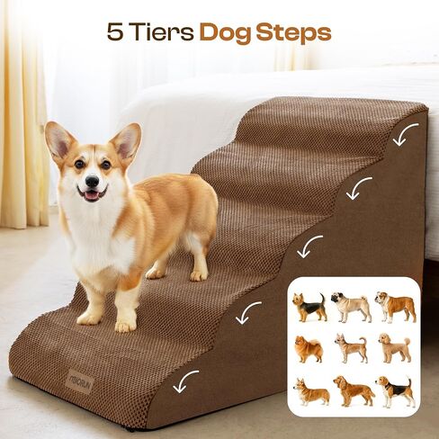 Extra Wide Dog Stairs for Large Dogs Up to 80lbs, 25" Pet Steps for High Bed with Washable Cover, 5-Step Foam Bed & Couch Ladder for Small Medium Dogs & Senior Cat, Gray in Kuwait