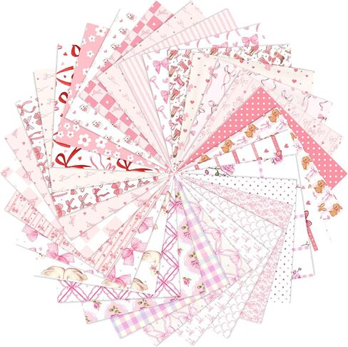 Tatuo 30 Pcs 10" x 10" Pink Bows Quilting Fabric Squares Coquette Pink Bow Fat Patchwork Precut Strips Plaid Dot Heart Coquette Fabric Bundles for Holidays DIY Craft Sewing Handmade Material Gifts in Saudi Arabia