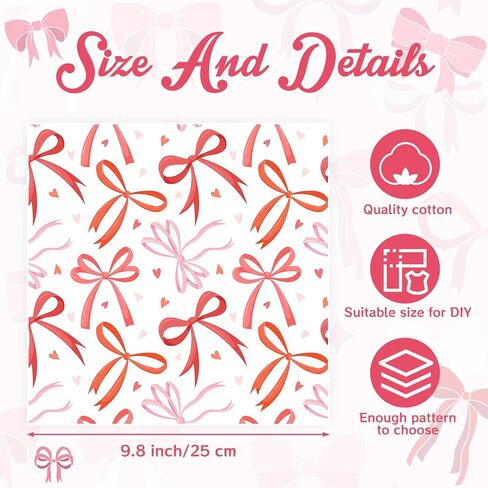 Tatuo 30 Pcs 10" x 10" Pink Bows Quilting Fabric Squares Coquette Pink Bow Fat Patchwork Precut Strips Plaid Dot Heart Coquette Fabric Bundles for Holidays DIY Craft Sewing Handmade Material Gifts in Saudi Arabia