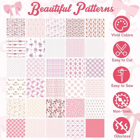 Tatuo 30 Pcs 10" x 10" Pink Bows Quilting Fabric Squares Coquette Pink Bow Fat Patchwork Precut Strips Plaid Dot Heart Coquette Fabric Bundles for Holidays DIY Craft Sewing Handmade Material Gifts in Saudi Arabia