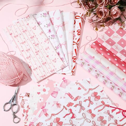 Tatuo 30 Pcs 10" x 10" Pink Bows Quilting Fabric Squares Coquette Pink Bow Fat Patchwork Precut Strips Plaid Dot Heart Coquette Fabric Bundles for Holidays DIY Craft Sewing Handmade Material Gifts in Saudi Arabia