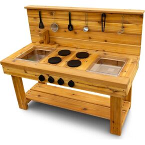 Noble Toys XL Cedar Outdoor Mud Kitchen Centered with Backsplash and Stovetop for Toddlers Kids | Pretend Play Table | Sensory Table | Outside Playset | Real Wooden Kitchens | Preschool Equipment in Saudi Arabia