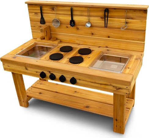 Noble Toys XL Cedar Outdoor Mud Kitchen Centered with Backsplash and Stovetop for Toddlers Kids | Pretend Play Table | Sensory Table | Outside Playset | Real Wooden Kitchens | Preschool Equipment in Saudi Arabia