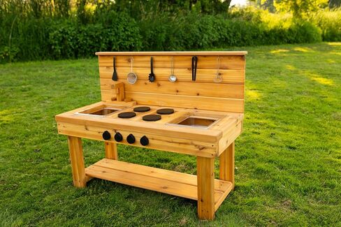 Noble Toys XL Cedar Outdoor Mud Kitchen Centered with Backsplash and Stovetop for Toddlers Kids | Pretend Play Table | Sensory Table | Outside Playset | Real Wooden Kitchens | Preschool Equipment in Saudi Arabia