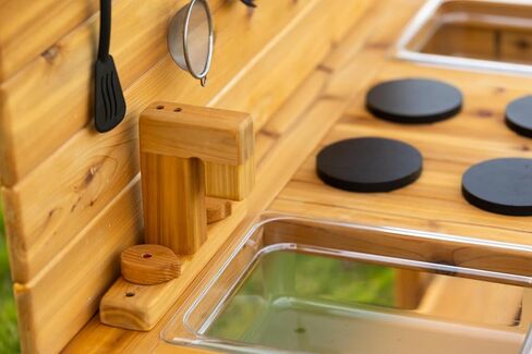 Noble Toys XL Cedar Outdoor Mud Kitchen Centered with Backsplash and Stovetop for Toddlers Kids | Pretend Play Table | Sensory Table | Outside Playset | Real Wooden Kitchens | Preschool Equipment in Saudi Arabia