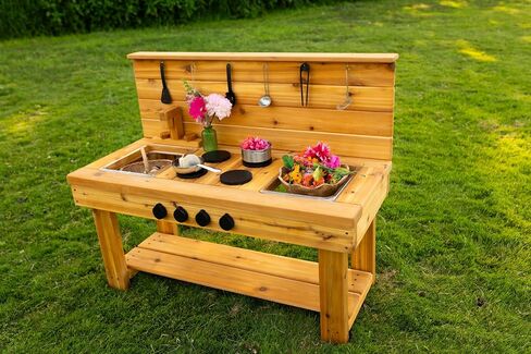 Noble Toys XL Cedar Outdoor Mud Kitchen Centered with Backsplash and Stovetop for Toddlers Kids | Pretend Play Table | Sensory Table | Outside Playset | Real Wooden Kitchens | Preschool Equipment in Saudi Arabia