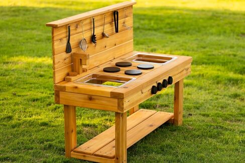 Noble Toys XL Cedar Outdoor Mud Kitchen Centered with Backsplash and Stovetop for Toddlers Kids | Pretend Play Table | Sensory Table | Outside Playset | Real Wooden Kitchens | Preschool Equipment in Saudi Arabia