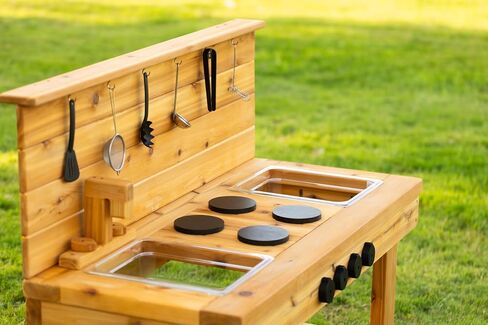 Noble Toys XL Cedar Outdoor Mud Kitchen Centered with Backsplash and Stovetop for Toddlers Kids | Pretend Play Table | Sensory Table | Outside Playset | Real Wooden Kitchens | Preschool Equipment in Saudi Arabia