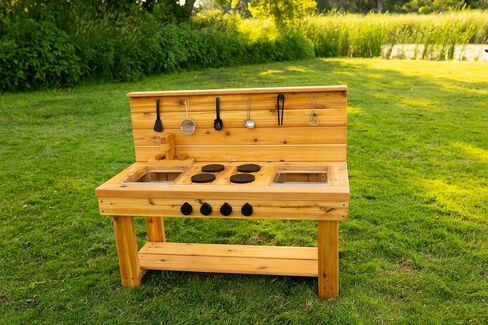 Noble Toys XL Cedar Outdoor Mud Kitchen Centered with Backsplash and Stovetop for Toddlers Kids | Pretend Play Table | Sensory Table | Outside Playset | Real Wooden Kitchens | Preschool Equipment in Saudi Arabia